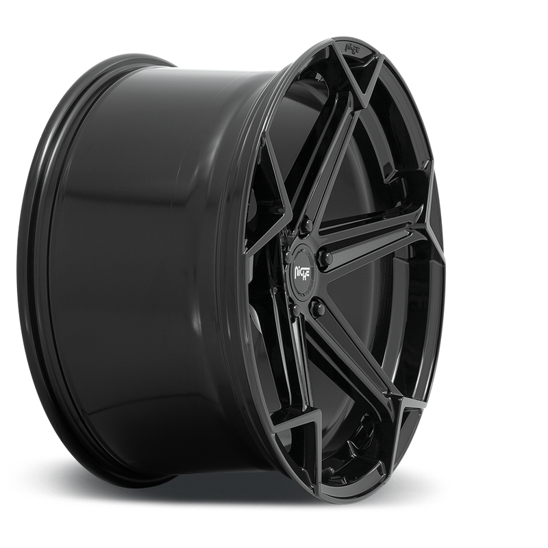 Side view of a Niche Arrow monoblock cast aluminum 5 spoke automotive wheel in a gloss black finish with an embossed Niche Logo on outer lip and Niche logo center cap