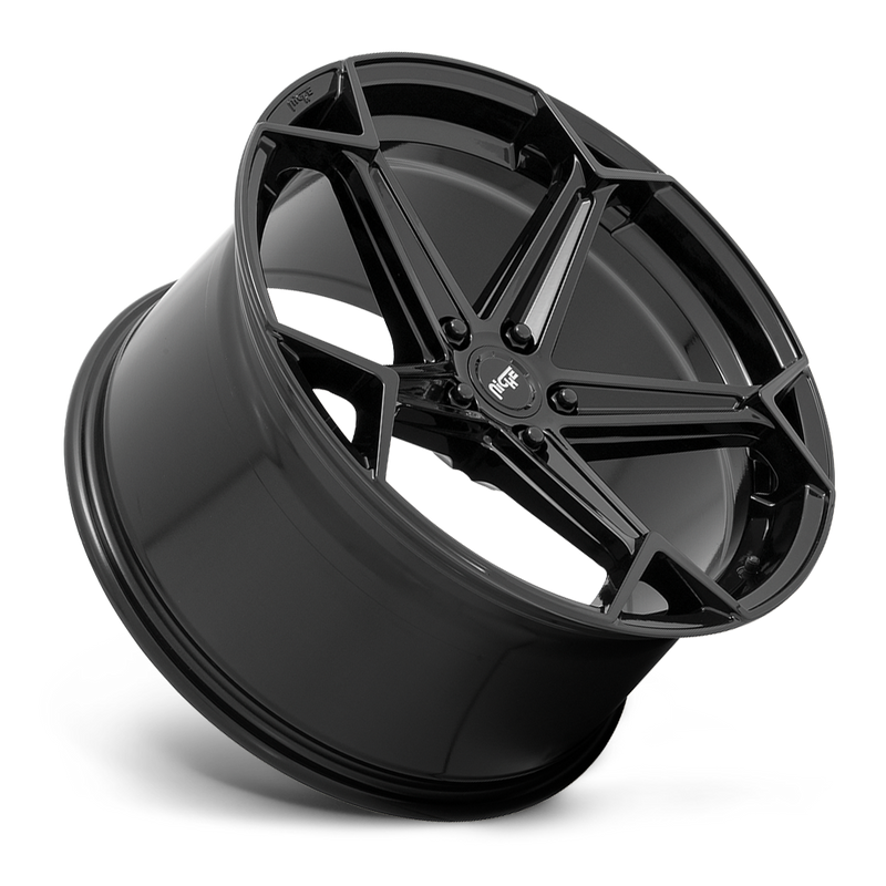 Tilted side view of a Niche Arrow monoblock cast aluminum 5 spoke automotive wheel in a gloss black finish with an embossed Niche Logo on outer lip and Niche logo center cap