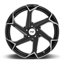 Front face view of a Niche Flash monoblock cast aluminum 6 spoke automotive wheel in a brushed gloss black finish with an embossed Niche logo on outer lip and a Niche logo center cap.