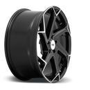 Side view of a Niche Flash monoblock cast aluminum 6 spoke automotive wheel in a brushed gloss black finish with an embossed Niche logo on outer lip and a Niche logo center cap.
