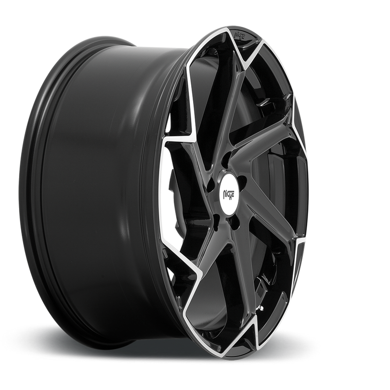 Side view of a Niche Flash monoblock cast aluminum 6 spoke automotive wheel in a brushed gloss black finish with an embossed Niche logo on outer lip and a Niche logo center cap.