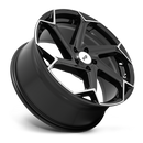 Tilted side view of a Niche Flash monoblock cast aluminum 6 spoke automotive wheel in a brushed gloss black finish with an embossed Niche logo on outer lip and a Niche logo center cap.