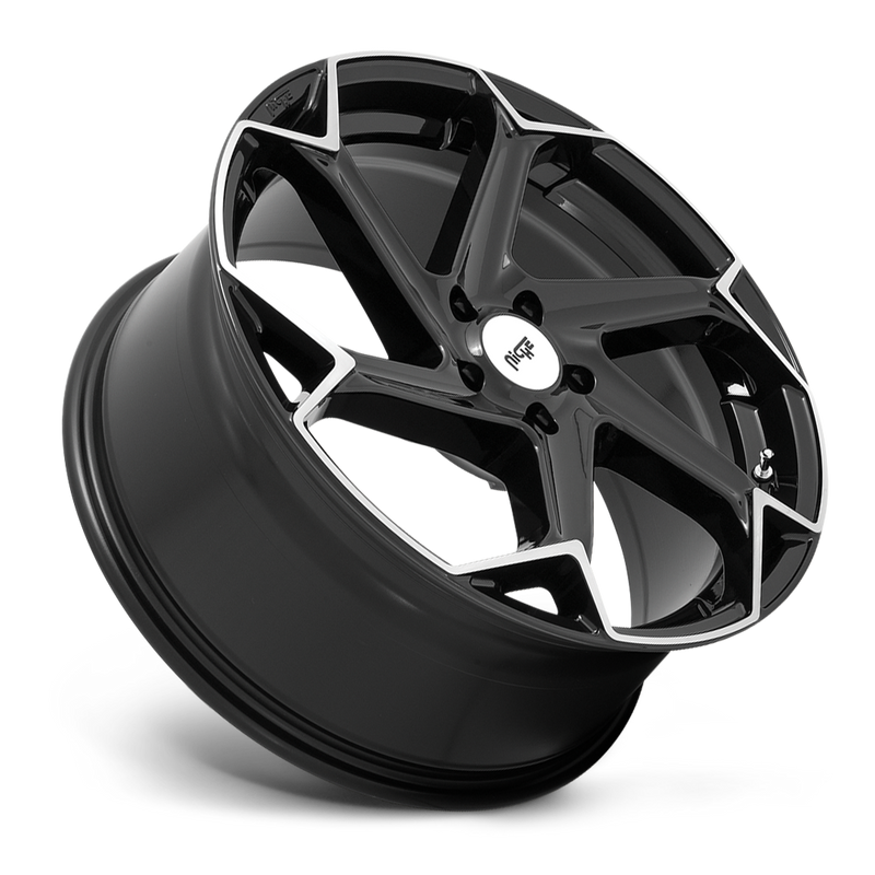 Tilted side view of a Niche Flash monoblock cast aluminum 6 spoke automotive wheel in a brushed gloss black finish with an embossed Niche logo on outer lip and a Niche logo center cap.