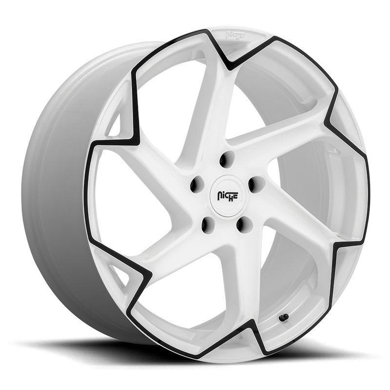 Niche Flash monoblock cast aluminum 6 spoke automotive wheel in a gloss white finish with a black pinstripe accent line,  embossed Niche logo on outer lip and a Niche logo center cap.