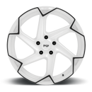 Front Face view of a Niche Flash monoblock cast aluminum 6 spoke automotive wheel in a gloss white finish with a black pinstripe accent line, embossed Niche logo on outer lip and a Niche logo center cap.