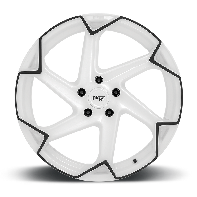 Front Face view of a Niche Flash monoblock cast aluminum 6 spoke automotive wheel in a gloss white finish with a black pinstripe accent line, embossed Niche logo on outer lip and a Niche logo center cap.