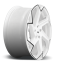 Side view of a Niche Flash monoblock cast aluminum 6 spoke automotive wheel in a gloss white finish with a black pinstripe accent line, embossed Niche logo on outer lip and a Niche logo center cap.