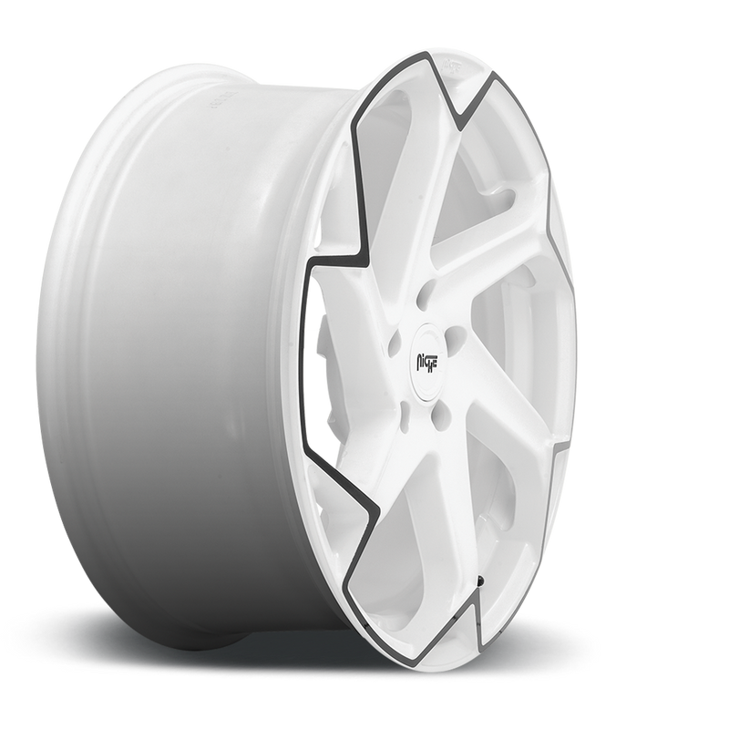 Side view of a Niche Flash monoblock cast aluminum 6 spoke automotive wheel in a gloss white finish with a black pinstripe accent line, embossed Niche logo on outer lip and a Niche logo center cap.