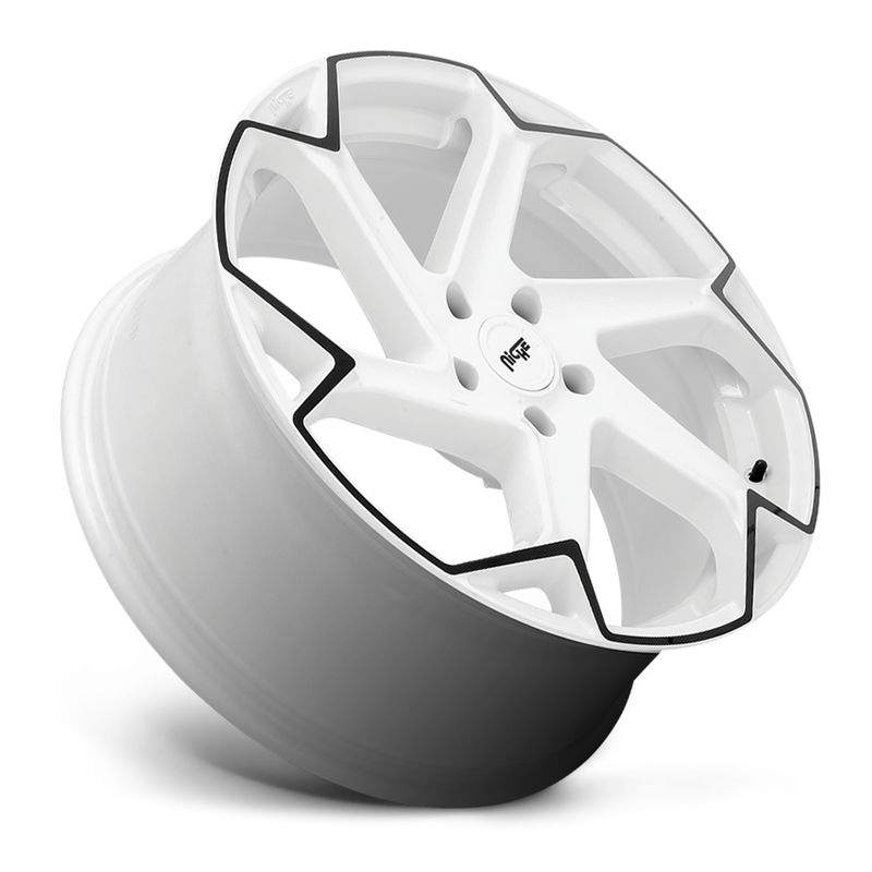 Tilted side view of a Niche Flash monoblock cast aluminum 6 spoke automotive wheel in a gloss white finish with a black pinstripe accent line, embossed Niche logo on outer lip and a Niche logo center cap.