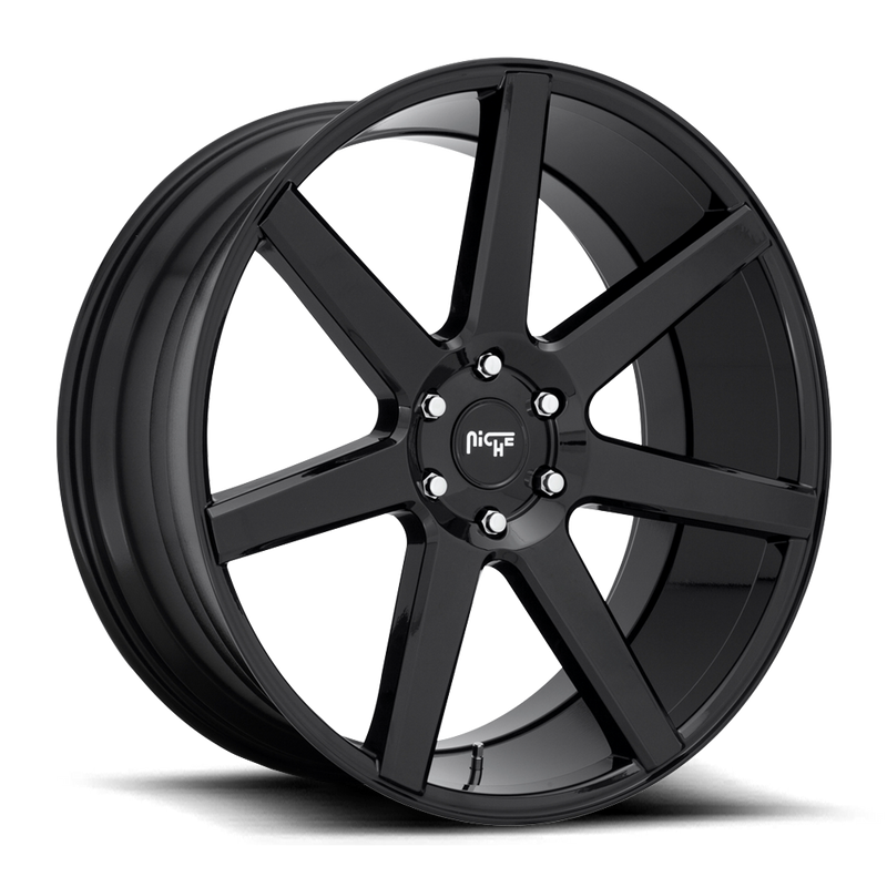 Niche Future monoblock cast aluminum 6 spoke automotive wheel in a gloss black finish with a Niche silver logo center cap.