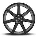 Front face view of a Niche Future monoblock cast aluminum 6 spoke automotive wheel in a gloss black finish with a Niche silver logo center cap.