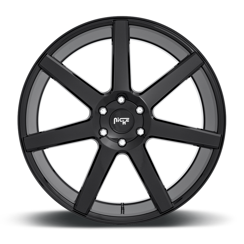 Front face view of a Niche Future monoblock cast aluminum 6 spoke automotive wheel in a gloss black finish with a Niche silver logo center cap.