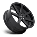 Tilted side view of a Niche Future monoblock cast aluminum 6 spoke automotive wheel in a gloss black finish with a Niche silver logo center cap.