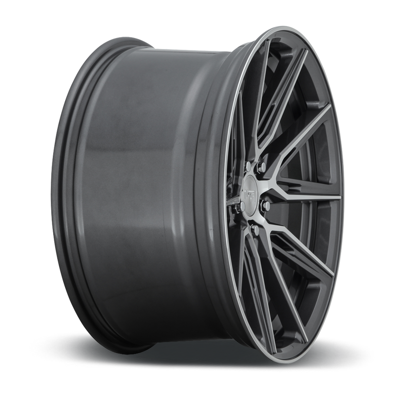 Side view of a Niche Gemello monoblock cast aluminum 5 V shape double spoke automotive wheel in a gloss anthracite machined finish with a Niche silver logo center cap.