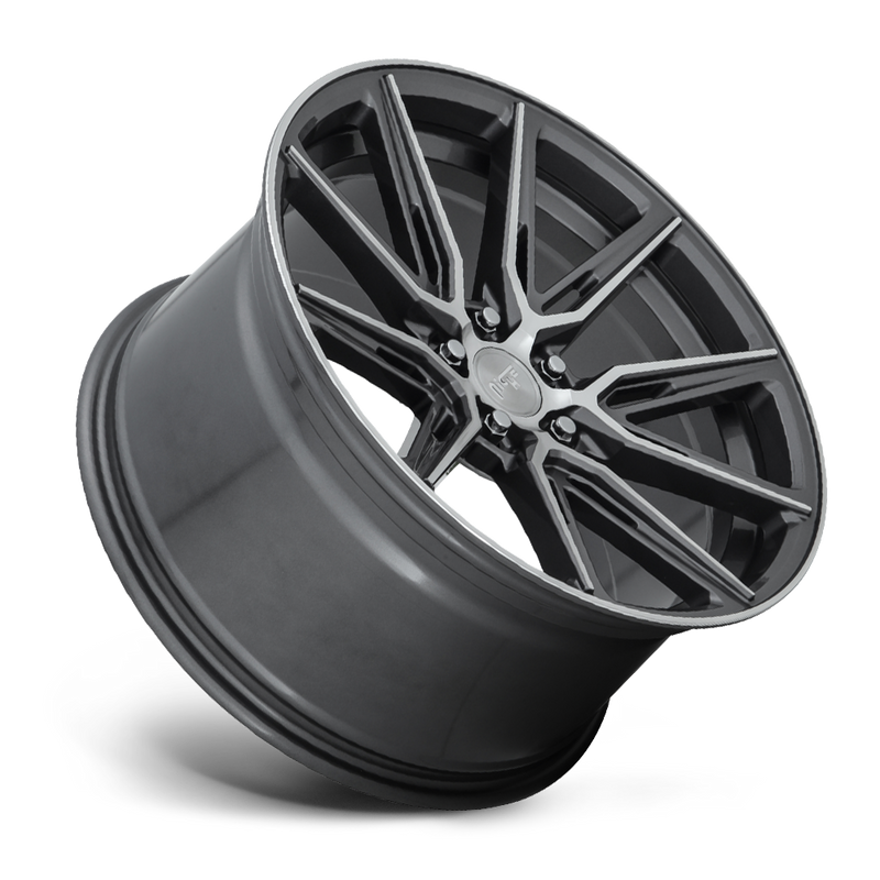 Tilted side view of a Niche Gemello monoblock cast aluminum 5 V shape double spoke automotive wheel in a gloss anthracite machined finish with a Niche silver logo center cap.
