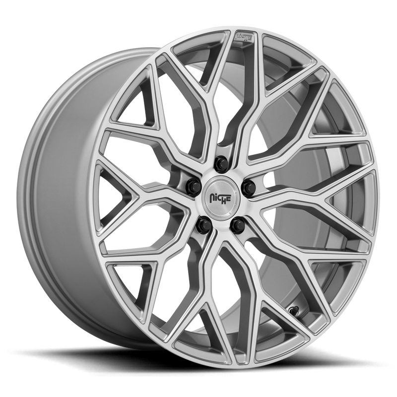 Niche Mazzanti monoblock cast aluminum multi spoke concave profile automotive wheel in an anthracite finish with a brushed clear tint and Niche black logo center cap.