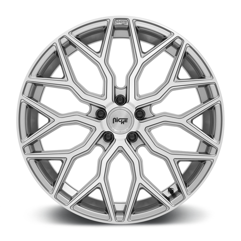 Front face view of Niche Mazzanti monoblock cast aluminum multi spoke concave profile automotive wheel in an anthracite finish with a brushed clear tint and Niche black logo center cap.