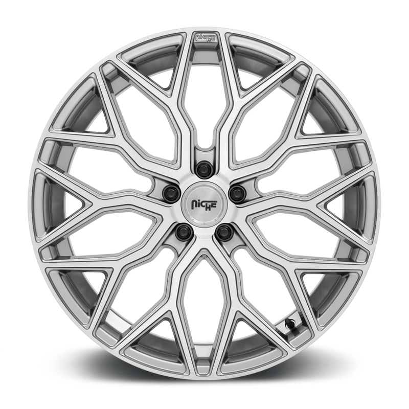 Front face view of a Niche Mazzanti monoblock cast aluminum multi spoke automotive wheel in an anthracite brushed tint clear finish with a Niche black logo center cap.