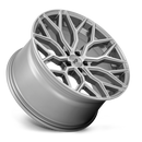 Tilted side view of a Niche Mazzanti monoblock cast aluminum multi spoke concave profile automotive wheel in an anthracite finish with a brushed clear tint and Niche black logo center cap.
