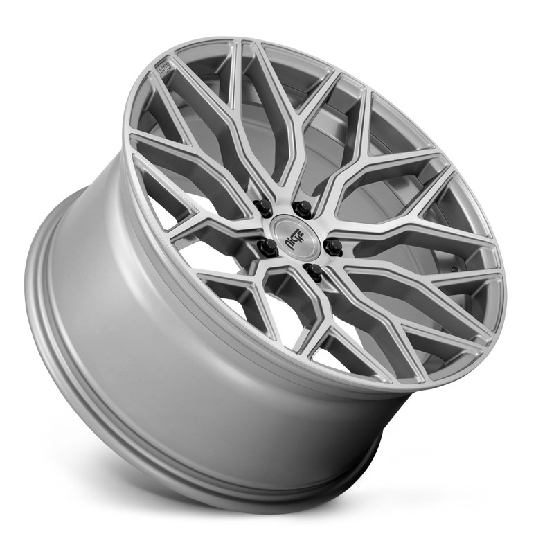 Tilted side view of a Niche Mazzanti monoblock cast aluminum multi spoke concave profile automotive wheel in an anthracite finish with a brushed clear tint and Niche black logo center cap.