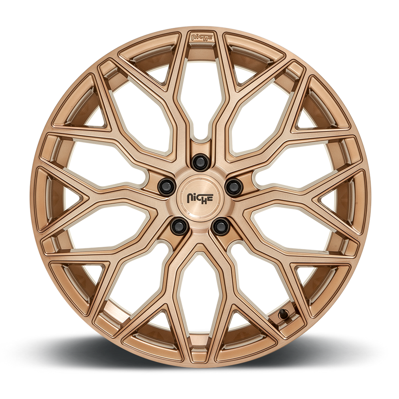 Front face view of Side View of a Niche Mazzanti monoblock cast aluminum automotive wheel in a brushed bronze finish with a Niche logo embossed in the outer edge and with a Niche logo center cap.