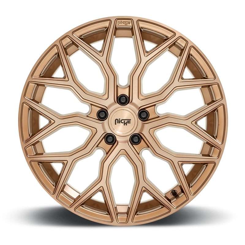 Front face view of a Niche Mazzanti monoblock cast aluminum multi spoke automotive wheel in a bronze brushed finish with a Niche black logo center cap.