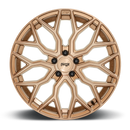 Front face view of a Niche Mazzanti monoblock cast aluminum multi spoke concave profile automotive wheel in a bronze brushed finish and Niche black logo center cap.