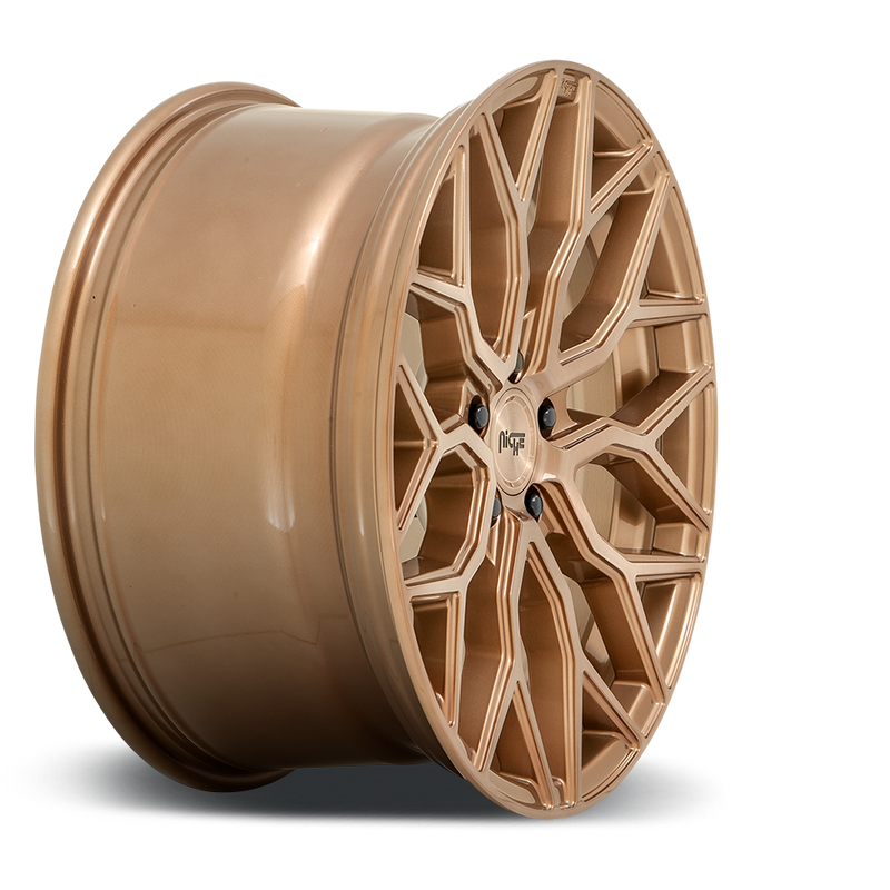 Side View of a Niche Mazzanti monoblock cast aluminum automotive wheel in a brushed bronze finish with a Niche logo embossed in the outer edge and with a Niche logo center cap.