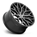 Tilted side view of a Niche Mazzanti monoblock cast aluminum multi spoke concave profile automotive wheel in a gloss black brushed face finish and Niche black logo center cap.