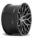 Side view of a Niche Mazzanti monoblock cast aluminum multi spoke automotive wheel in a gloss black brushed face finish with a Niche black logo center