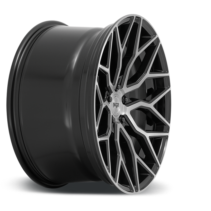 Side view of a Niche Mazzanti monoblock cast aluminum multi spoke automotive wheel in a gloss black brushed face finish with a Niche black logo center