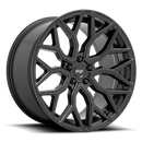 Niche Mazzanti monoblock cast aluminum multi spoke concave profile automotive wheel in a matte black finish and Niche silver logo center cap.