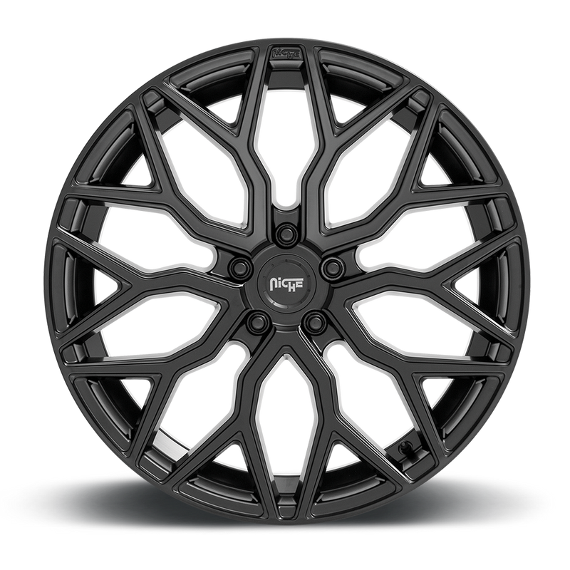 Front face view of a Niche Mazzanti monoblock cast aluminum multi spoke automotive wheel in a matte black finish with a Niche silver logo center cap.