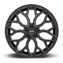Front face view of a  Niche Mazzanti monoblock cast aluminum automotive wheel in a matte black finish with a Niche logo embossed in the outer edge and with a Niche logo center cap.