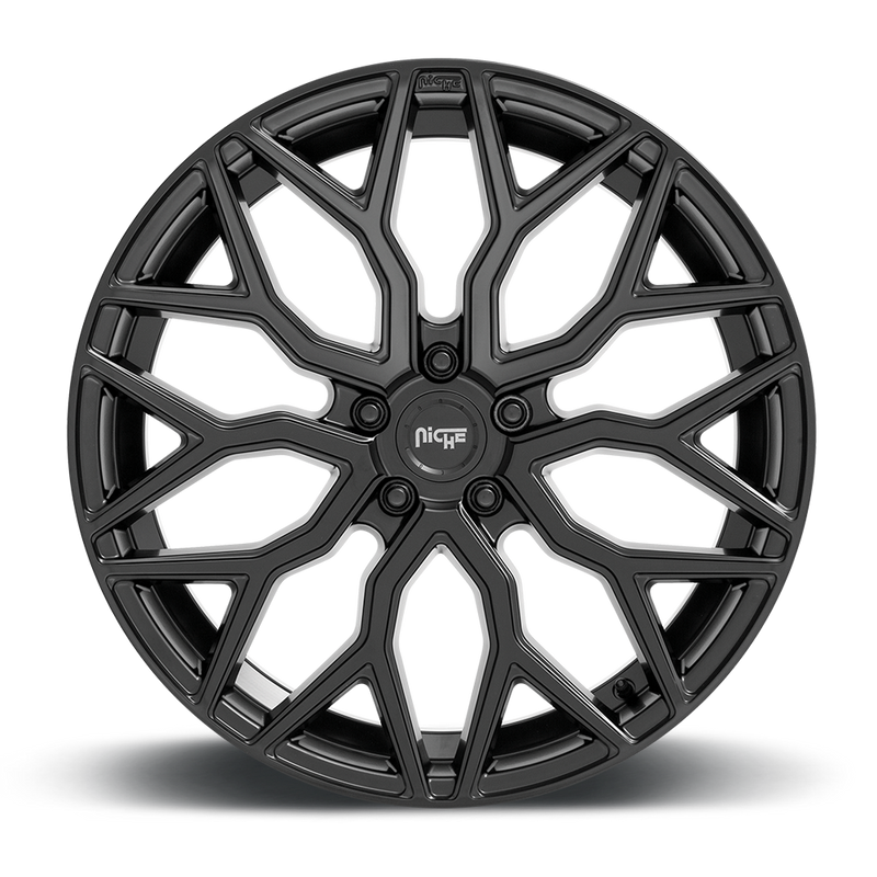 Front face view of a  Niche Mazzanti monoblock cast aluminum automotive wheel in a matte black finish with a Niche logo embossed in the outer edge and with a Niche logo center cap.