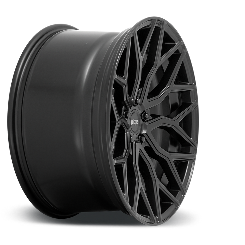 Side view of a Niche Mazzanti monoblock cast aluminum multi spoke automotive wheel in a matte black finish with a Niche silver logo center cap.