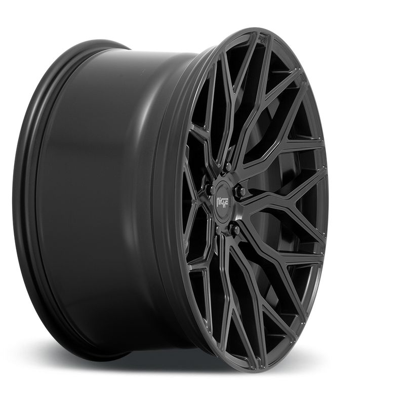 Side view of a Niche Mazzanti monoblock cast aluminum automotive wheel in a matte black finish with a Niche logo embossed in the outer edge and with a Niche logo center cap.