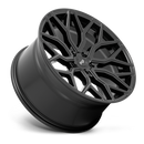 Tilted side view of a Niche Mazzanti monoblock cast aluminum automotive wheel in a matte black finish with a Niche logo embossed in the outer edge and with a Niche logo center cap.