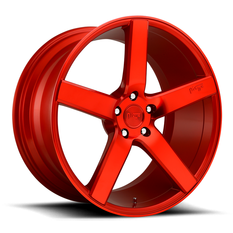Niche Milan monoblock cast aluminum 5 spoke automotive wheel in a candy red finish with an embossed Niche logo in one spoke and a Niche logo center cap.