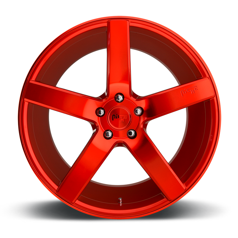 Front face view of a Niche Milan monoblock cast aluminum 5 spoke automotive wheel in a candy red finish with an embossed Niche logo in one spoke and a Niche logo center cap.