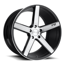 Niche Milan monoblock cast aluminum 5 smooth spoke automotive wheels in a brushed gloss black finish with an embossed Niche logo on one spoke and a Niche silver logo center cap.