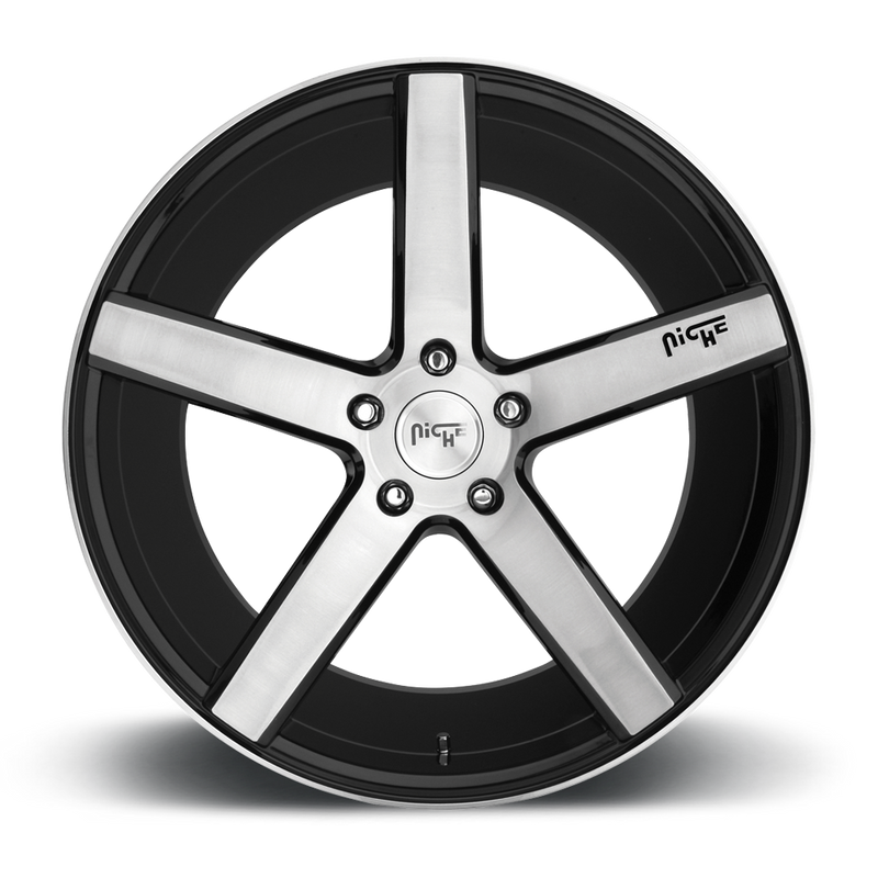Front face view of a Niche Milan monoblock cast aluminum 5 smooth spoke automotive wheels in a brushed gloss black finish with an embossed Niche logo on one spoke and a Niche silver logo center cap.