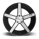Front face view of a Niche Milan monoblock cast aluminum 5 spoke automotive wheel in a gloss black brushed finish with an embossed Niche logo in one spoke and a Niche logo center cap.