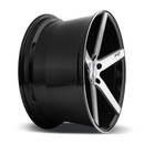 Side view of a Niche Milan monoblock cast aluminum 5 smooth spoke automotive wheels in a brushed gloss black finish with an embossed Niche logo on one spoke and a Niche silver logo center cap.