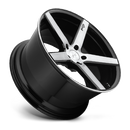 Tilted side view of a Niche Milan monoblock cast aluminum 5 smooth spoke automotive wheels in a brushed gloss black finish with an embossed Niche logo on one spoke and a Niche silver logo center cap.