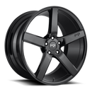 Niche Milan monoblock cast aluminum 5 spoke automotive wheel in a gloss black finish with an embossed Niche logo in one spoke and a Niche logo center cap.