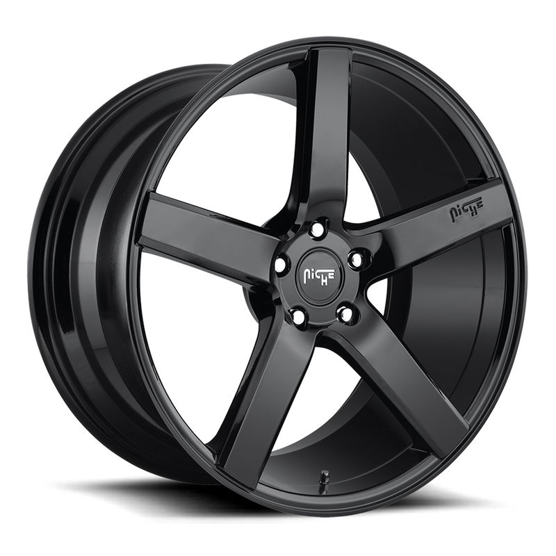 Niche Milan monoblock cast aluminum 5 smooth spoke automotive wheels in a gloss black finish with an embossed Niche logo on one spoke and a Niche silver logo center cap.