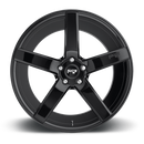 Front face view of a Niche Milan monoblock cast aluminum 5 spoke automotive wheel in a gloss black finish with an embossed Niche logo in one spoke and a Niche logo center cap.