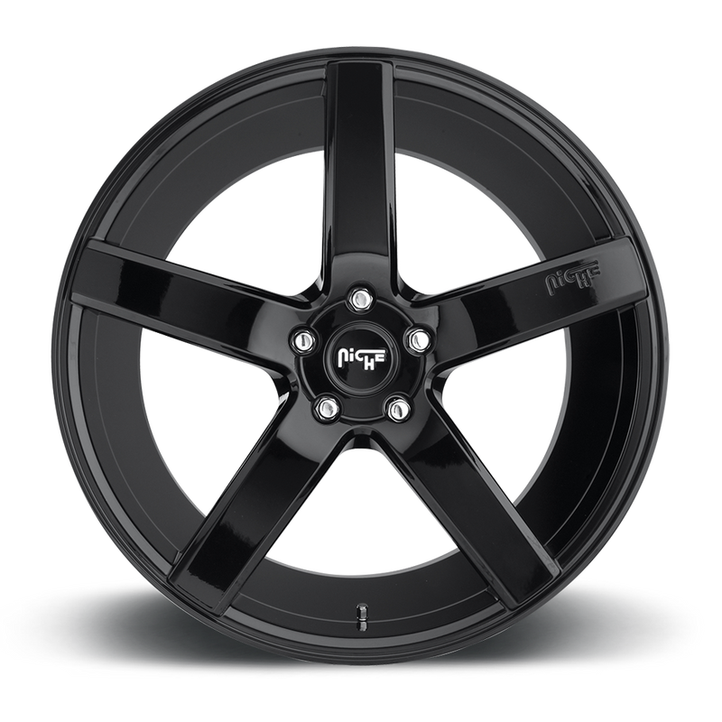Front face view of a Niche Milan monoblock cast aluminum 5 smooth spoke automotive wheels in a gloss black finish with an embossed Niche logo on one spoke and a Niche silver logo center cap.