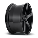 Side view of a Niche Milan monoblock cast aluminum 5 spoke automotive wheel in a gloss black finish with an embossed Niche logo in one spoke and a Niche logo center cap.